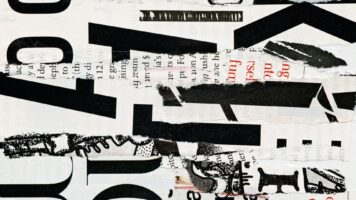 Black and white paper strips in a collage format.